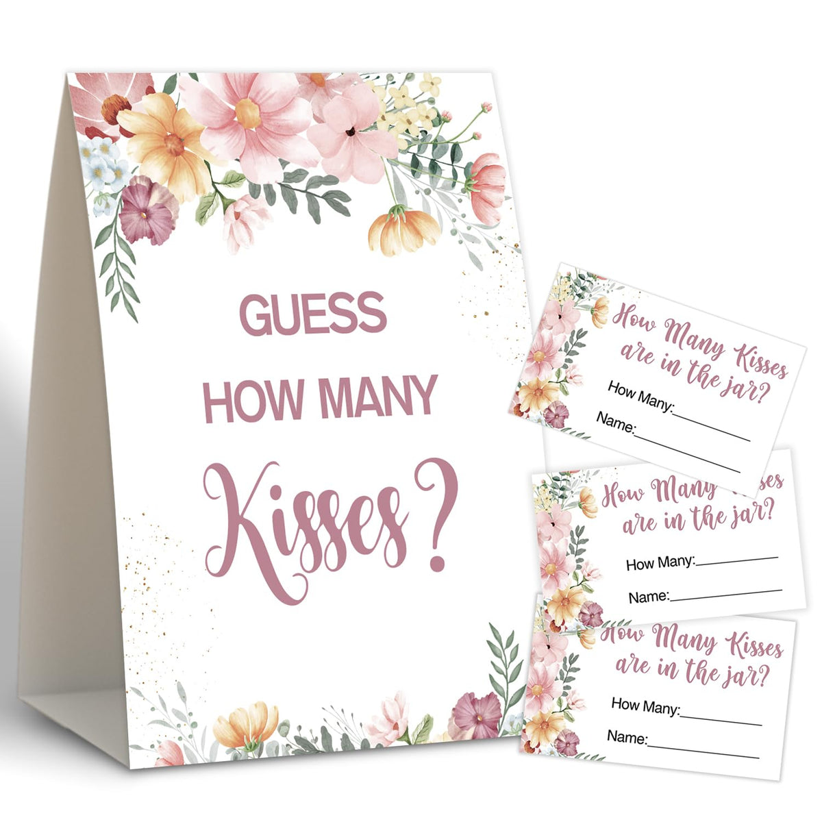 Boho Floral Theme How Many Kisses Bridal Shower Game,Wedding Shower,Bridal Shower Decorations,Popular Bridal Shower Games,Engagement Party Game,Set Including 1 Sign And 50 Guessing Cards-06