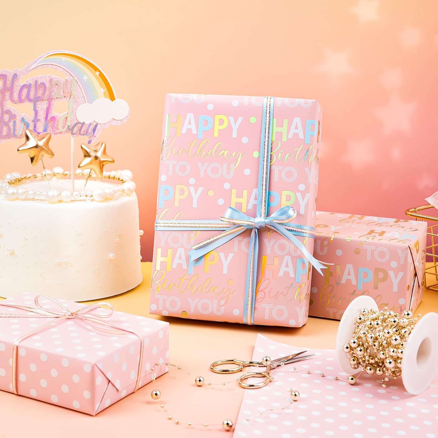 30 Inch Reversible Birthday Wrapping Paper - 30 Inch X 33 Feet - Rose Gold Foil And Iridescent Happy Birthday Wrapping Paper For Girls, Women, Baby Shower