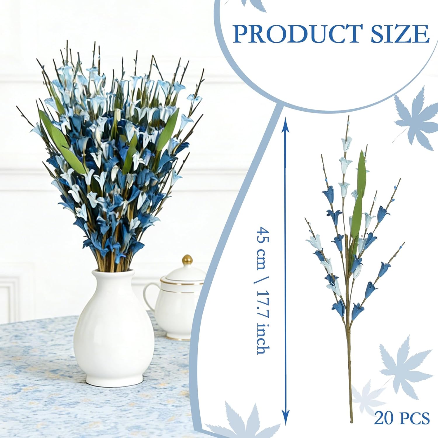 17.7 Inch 20 Pcs Blue Witch Hazel Branches, Artificial Flower Stems For Vase Decor, Diy Wreath Making, Bedside Table, Windowsill, Table Centerpiece, Mantel & Office Spring Home Decoration