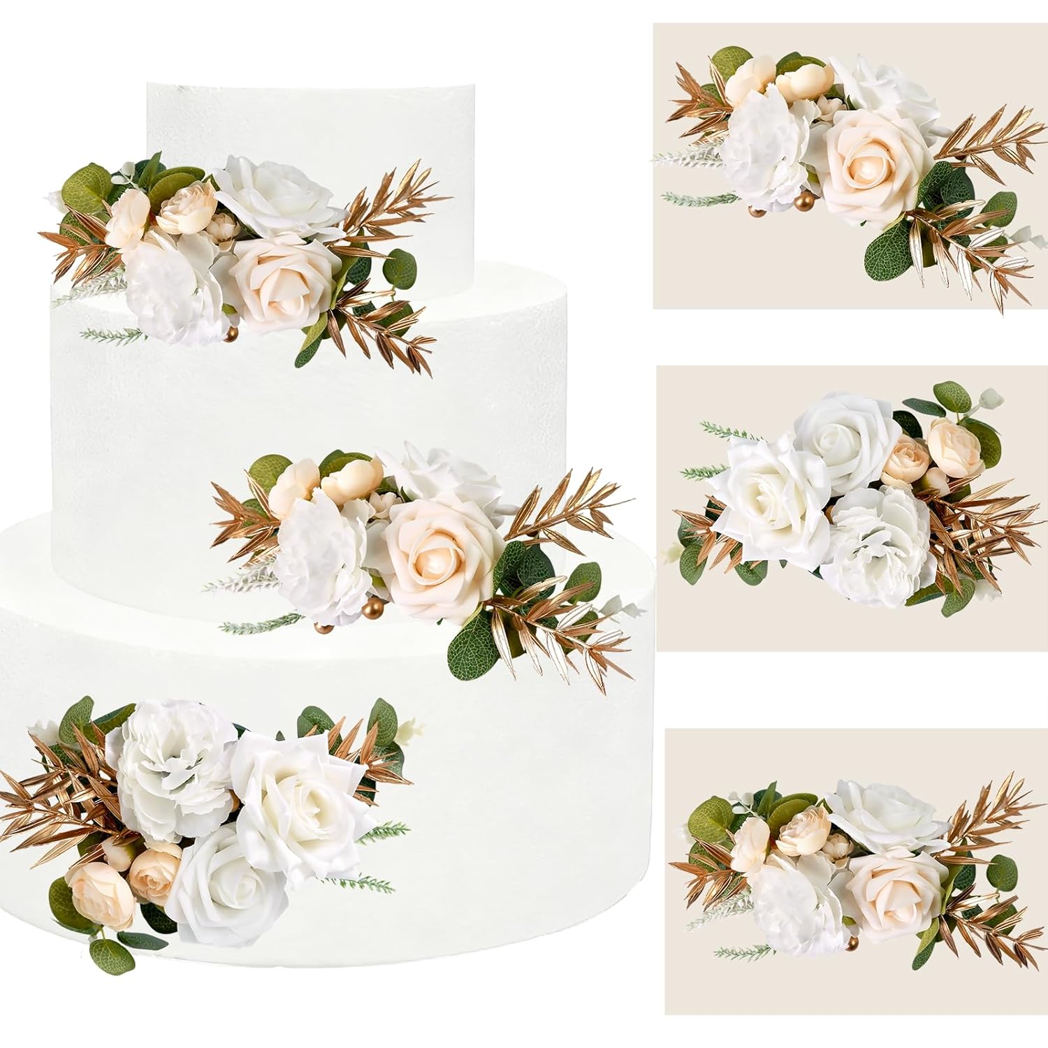 3Pcs Cake Flowers Toppers - White & Champgne Artificial Roses Flower Arrangements, Cake Decorations For Wedding Birthday Baptism Christmas Party