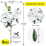 Lily Artificial Flowers Bulk Bouquet 30” Long Stems Dozen Blooming Silk Flower Heads Wedding Decoration Indoor Home Decor Diy Floral Crafts Table Centerpiece, 3Pcs (White)