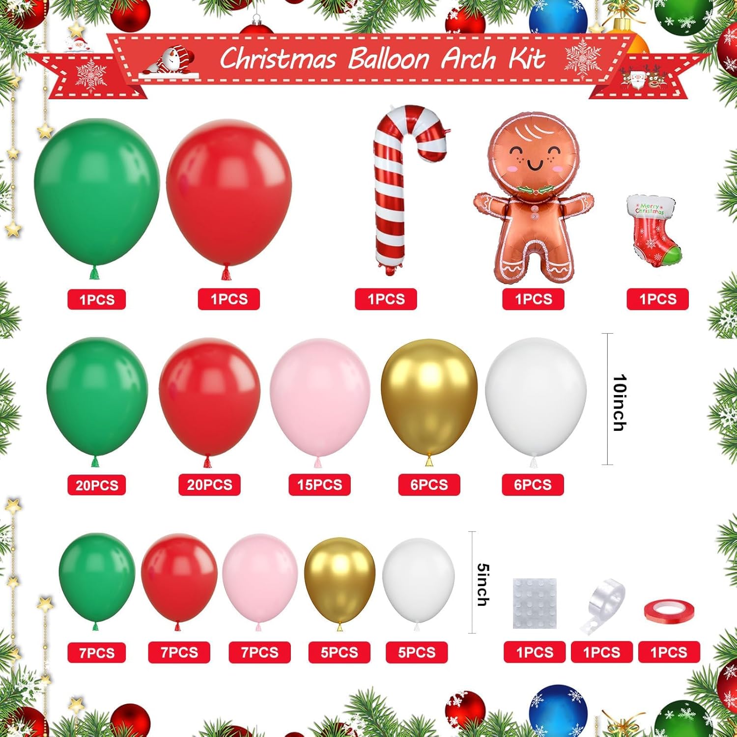 Christmas Balloons Arch, Pink Green Red Christmas Balloons, 5 10 18 Inch Green Pink Gold Christmas Balloon Garland Kit With Cane Gingerbread Man Christmas Socks Foil Balloons For Christmas Party