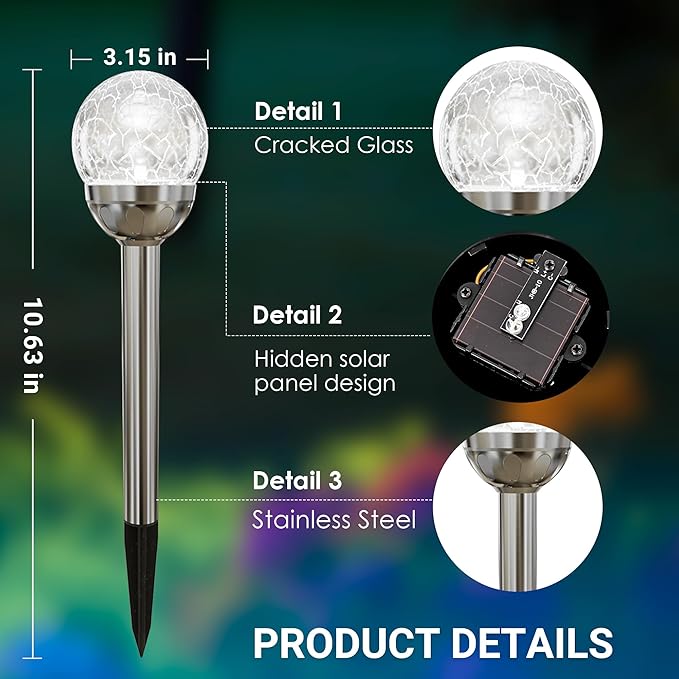 3 Pack Solar Glass Ball Garden Lights Multi Color Changing & White Waterproof Patio Decor