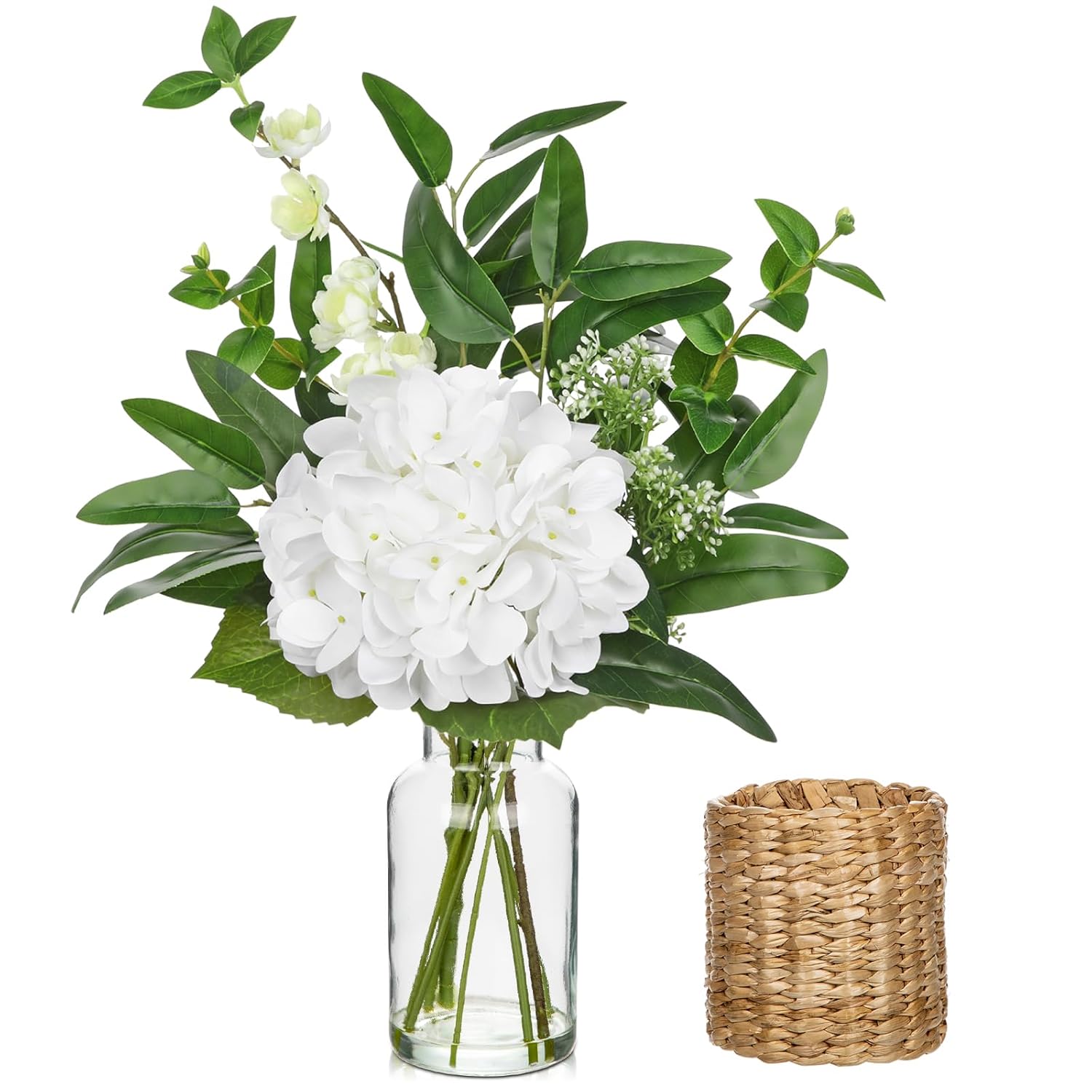 Fake Flowers In Vase With Faux Water, Hydrangea Artificial Flowers In Vase With Eucalyptus, Fake Flower Arrangements For Living Room, Bathroom, Dining Table Home Decor Wedding Centerpieces, White