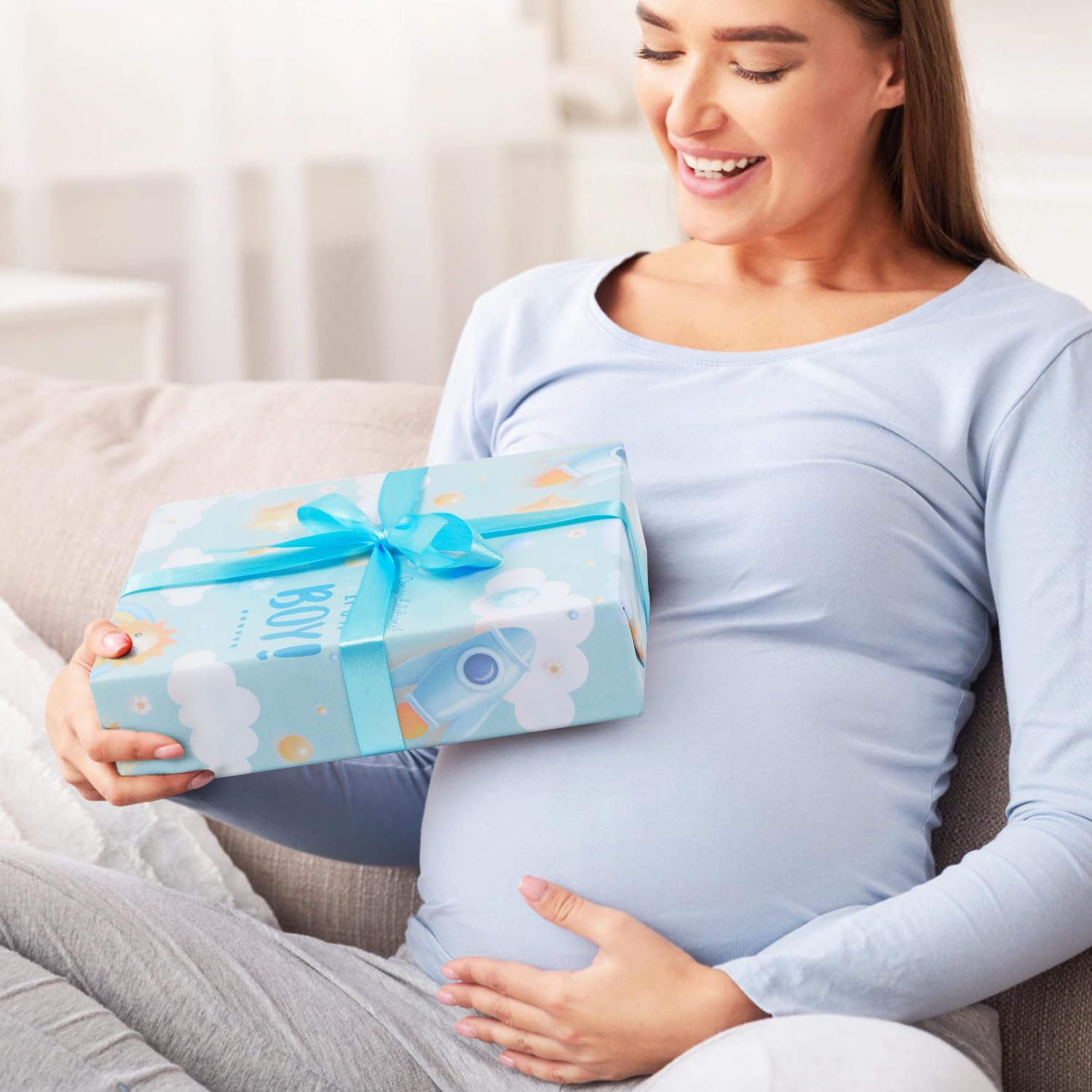 It'S A Boy Wrapping Paper For Newborn Baby Boy Kids, Light Blue Gift Wrap Paper,6 Sheets Folded Flat 20X28 Inches Per Sheet With Ribbon For Baby Shower Birthday Celebration Gift Wrap