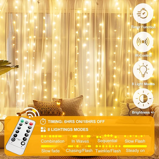 6.6FT x 6.6FT Fairy Curtain Lights Warm White USB Plug In Tangle Free 8 Modes with Remote for Bedroom Wedding Party Christmas Indoor Outdoor Decor