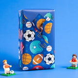 Reversible Football Wrapping Paper - Mini Roll - 17 Inch X 33 Feet - Ball Design With Solid Blue Design For Birthday, Holiday, Baby Shower