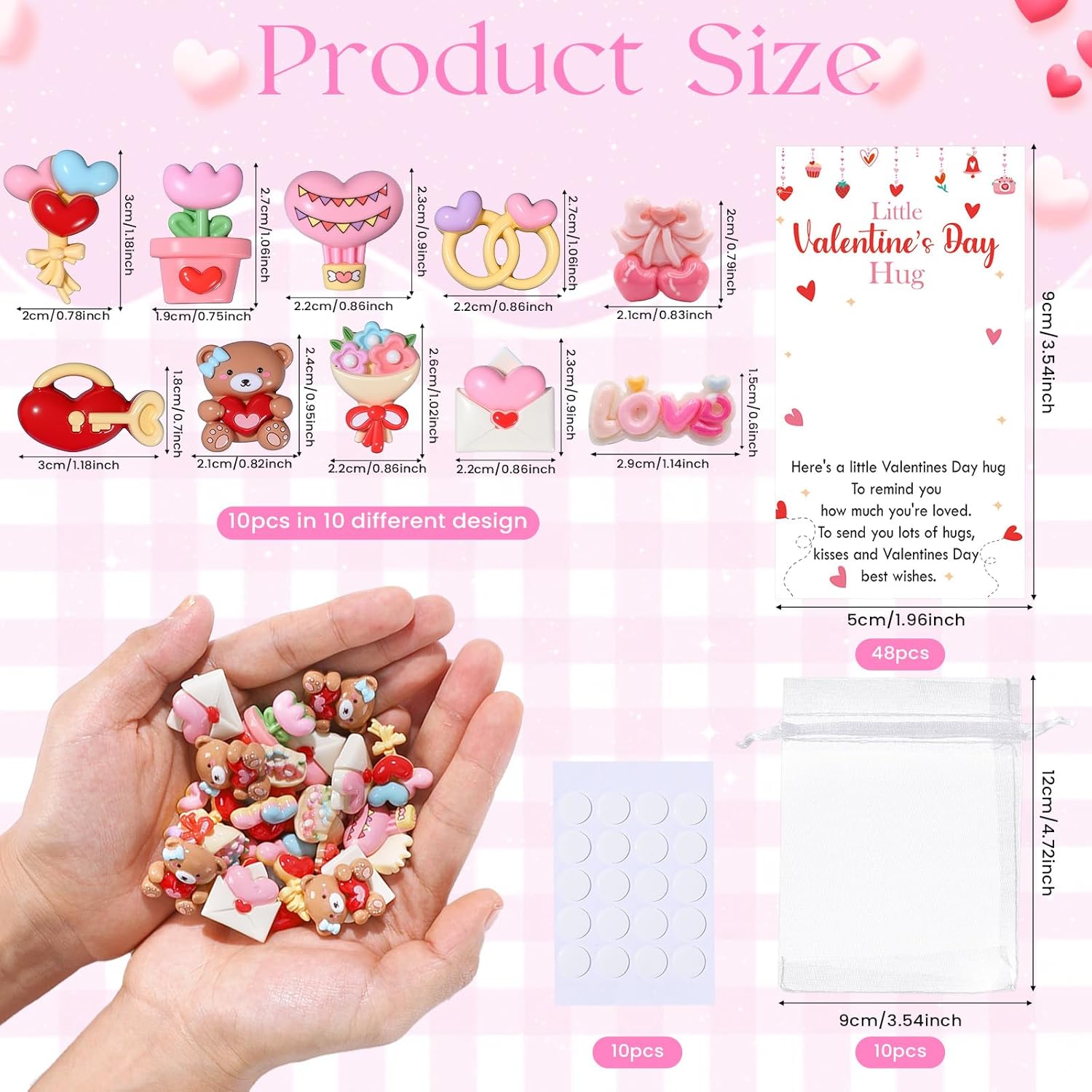 10 Sets Valentine'S Day Little Pocket Hug Gifts Bulk, Resin Heart Flower Pocket Hug Token With Valentines Card & Organza Bag Emotional Support Exchange Cards For Friends Colleagues Family Gifts