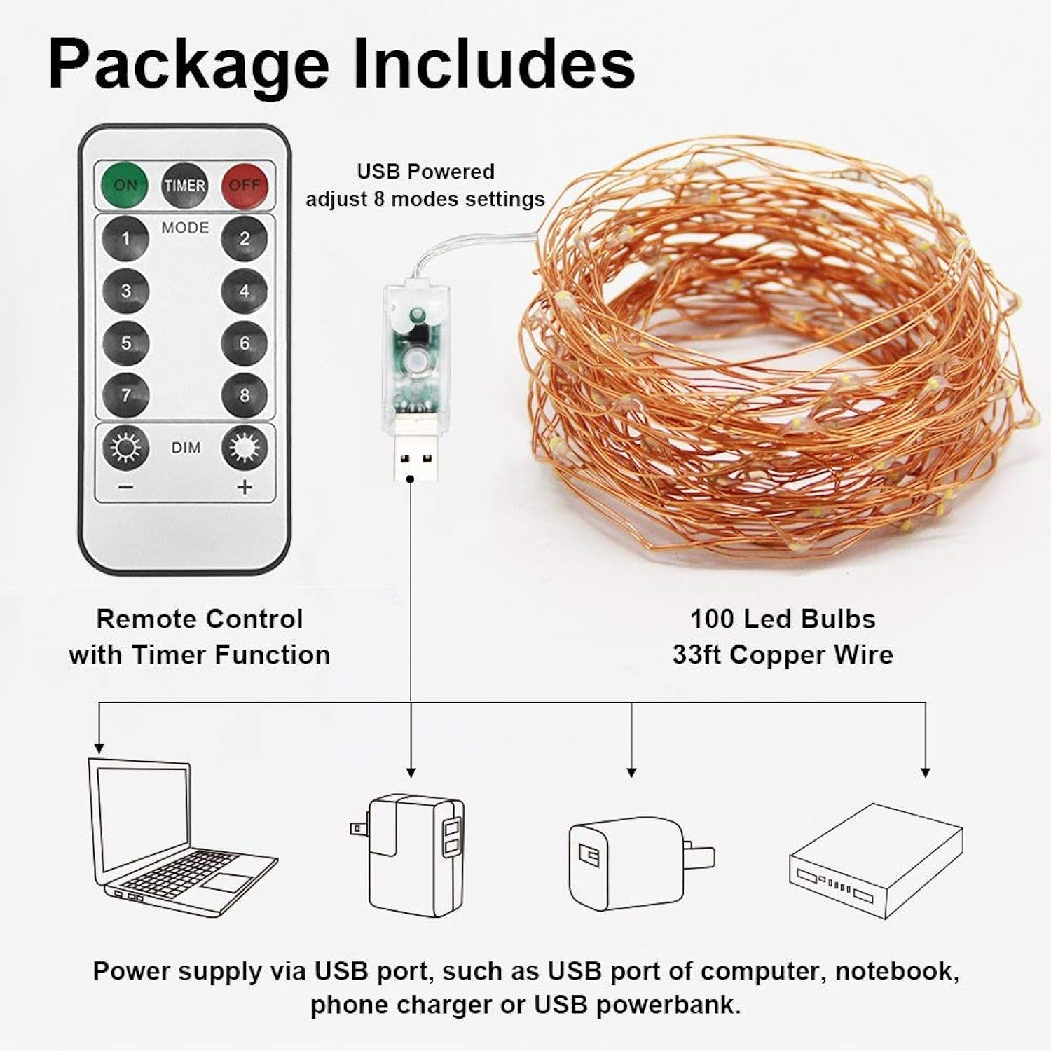 33Ft 100Led Copper Wire String Lights Fairy String Lights 8 Modes Usb Powered With Remote Control For Wedding Party Home