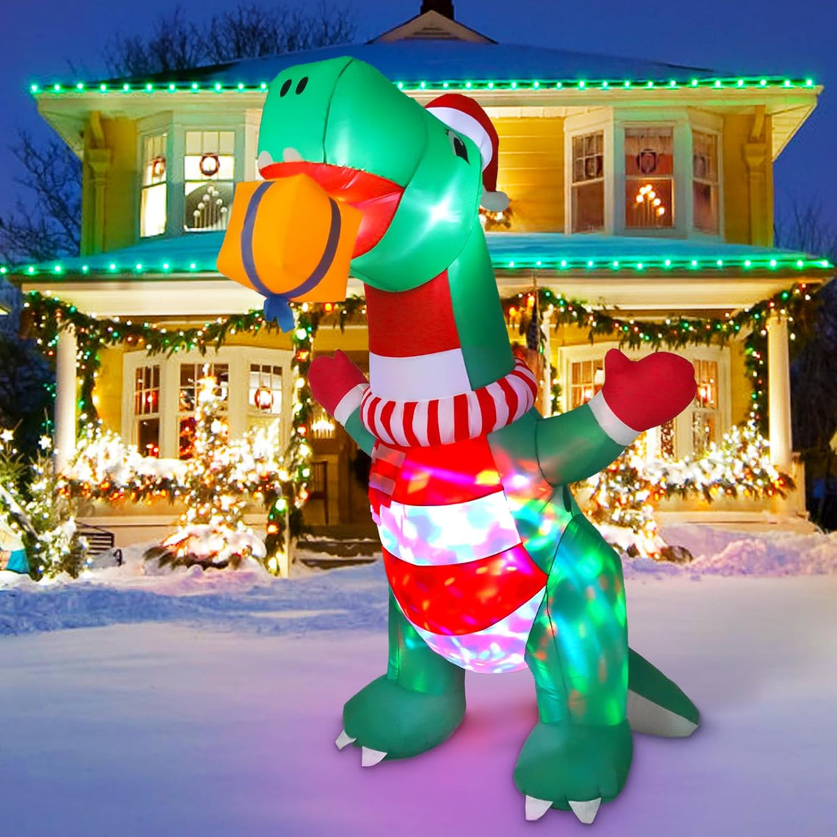 8Ft Christmas Inflatables Outdoor Decorations, Blow Up Yard Dinosaur Decoration With Christmas Hat & Gift Box, Built-In