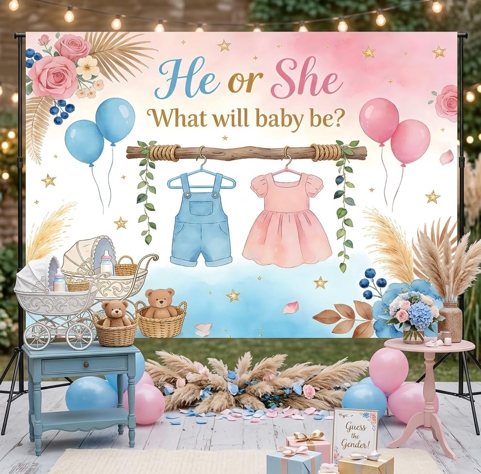 Boho Gender Reveal Backdrop 7x5ft,He or She Gender Reveal Photo Background
