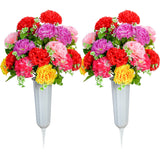 Cemetery Flowers, Set Of 2 Artificial Carnation Bouquet Grave Memorial Flowers With Vase For Cemetery Headstones Decoration (Carnation)