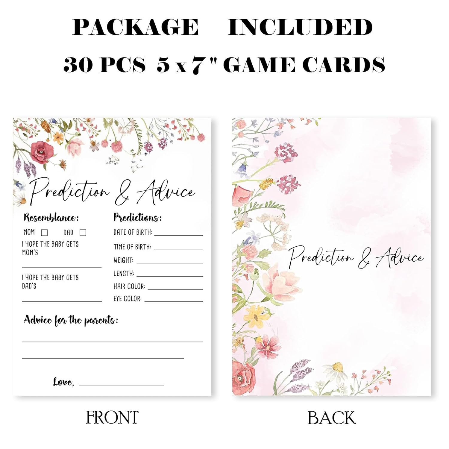 Floral Fill In Baby Shower Game Cards - Baby Prediction & Advice Game For Boys & Girls -Watercolor Flowers Baby Announcement Gender Reveal Baby Shower Party Activities For New Parents To Be - B01