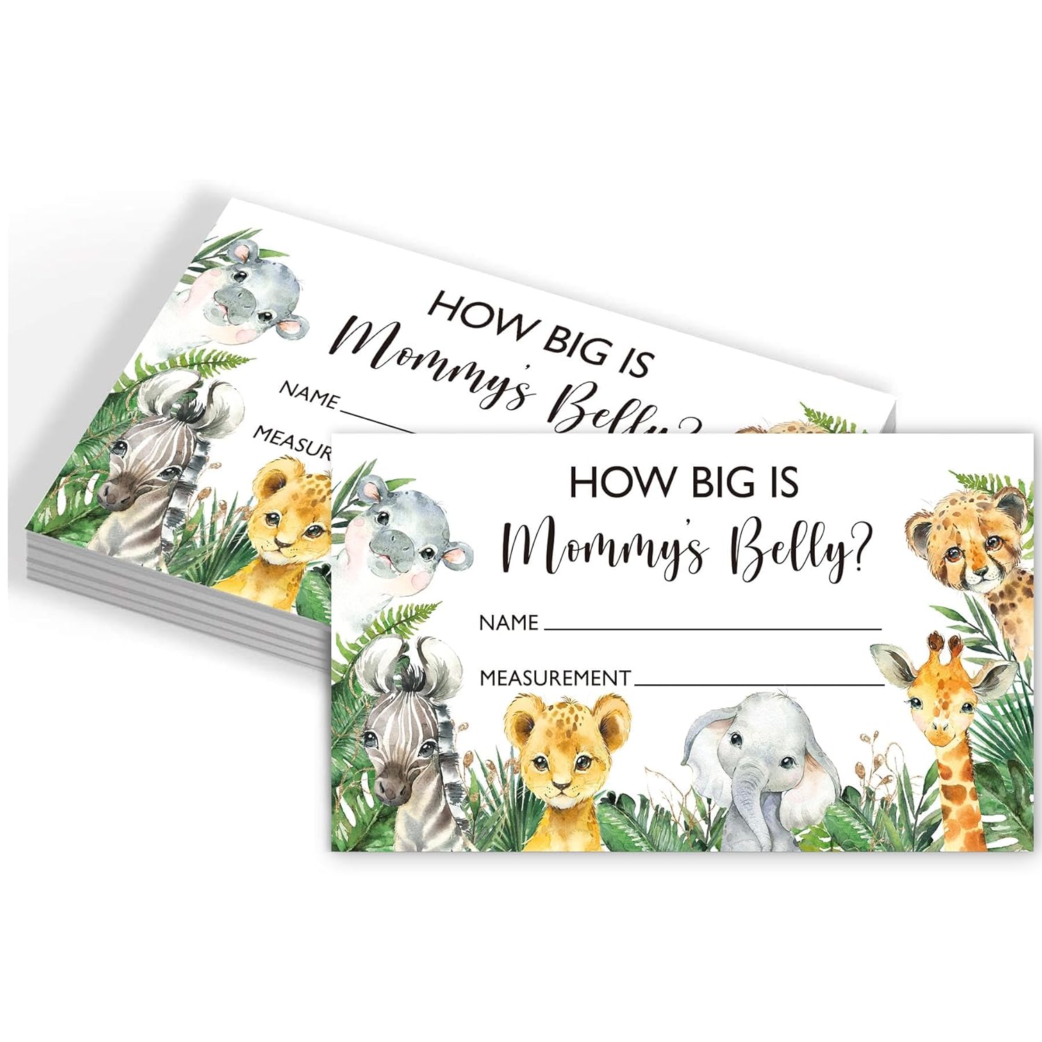 Safari How Big Is Mommy'S Belly Jungle Animals Baby Shower Gender Neutral Game Includes 5.6" X 7" Standing Sign And 50 Guessing Cards, 3 Rolls 60" Measuring Tapes