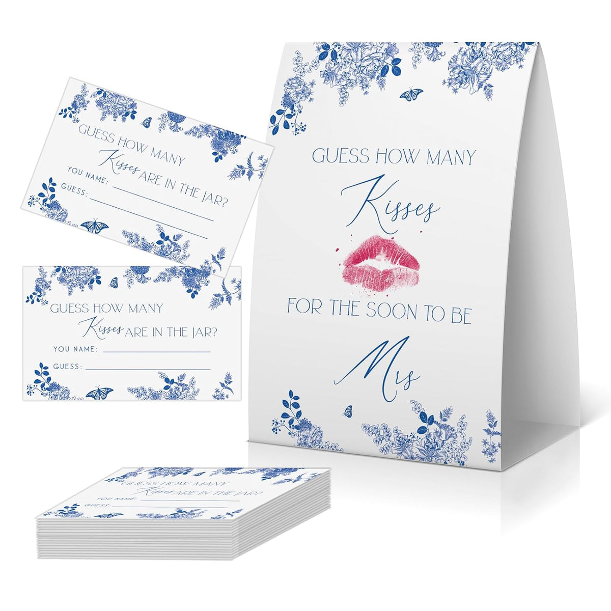 How Many Kisses Bridal Shower Game (1 Sign + 50 Cards), Blue Floral Bridal Shower Games, Something Blue Before I Do Decorations, Bachelorette Guessing Game, Kisses In The Jar Sign -Ghmk04