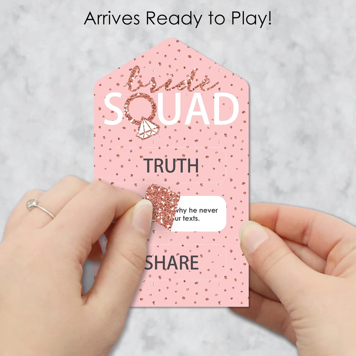Big Dot of Happiness Bride Squad - Rose Gold Bridal Shower or Bachelorette Party Game Pickle Cards - Truth, Dare, Share Pull Tabs - Set of 12