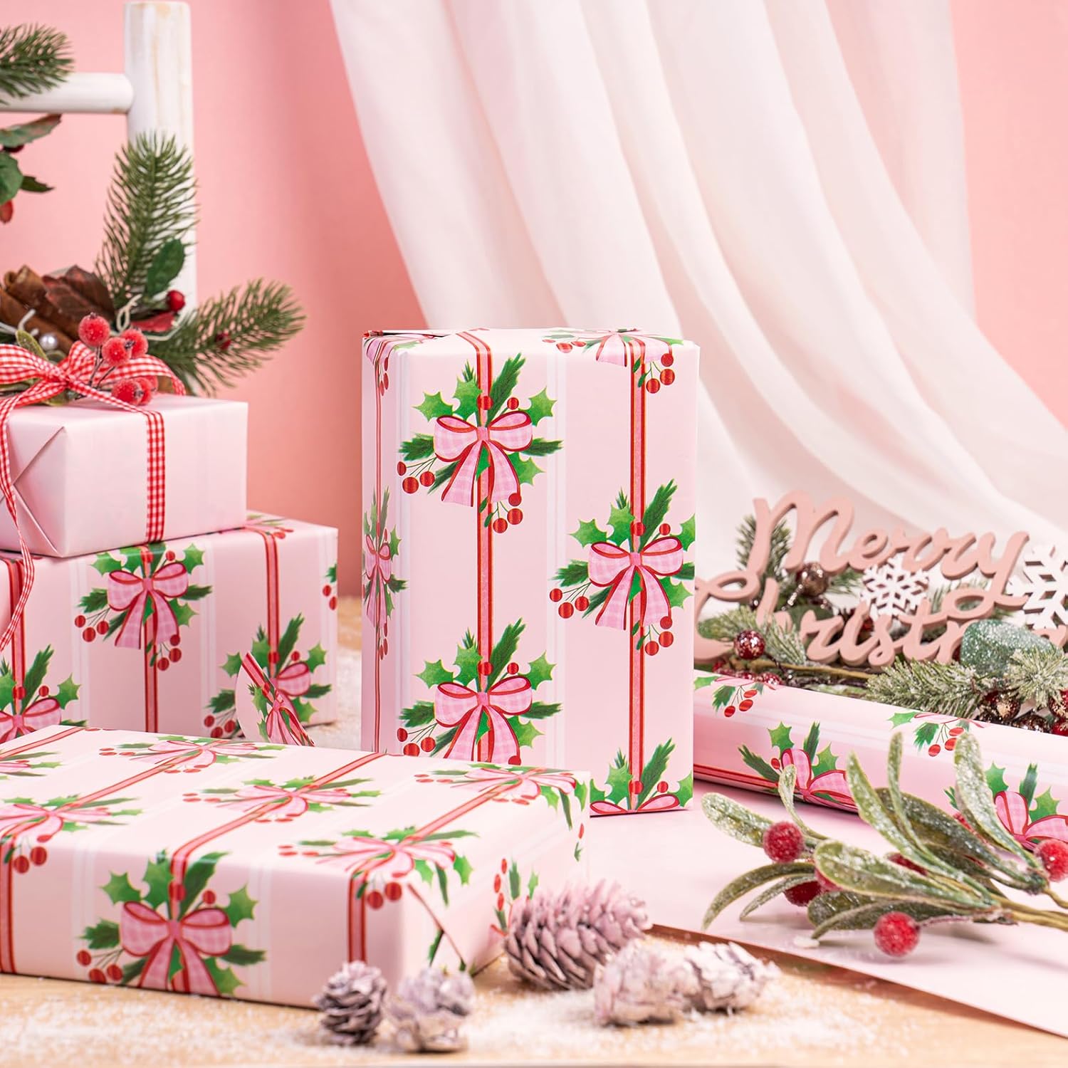 Reversible Christmas Wrapping Paper - Mini Roll - 17 Inch X 33 Feet - Holly And Red Bow Wrapping Paper With Solid Pink Design For Xmas Holiday, Party Celebration