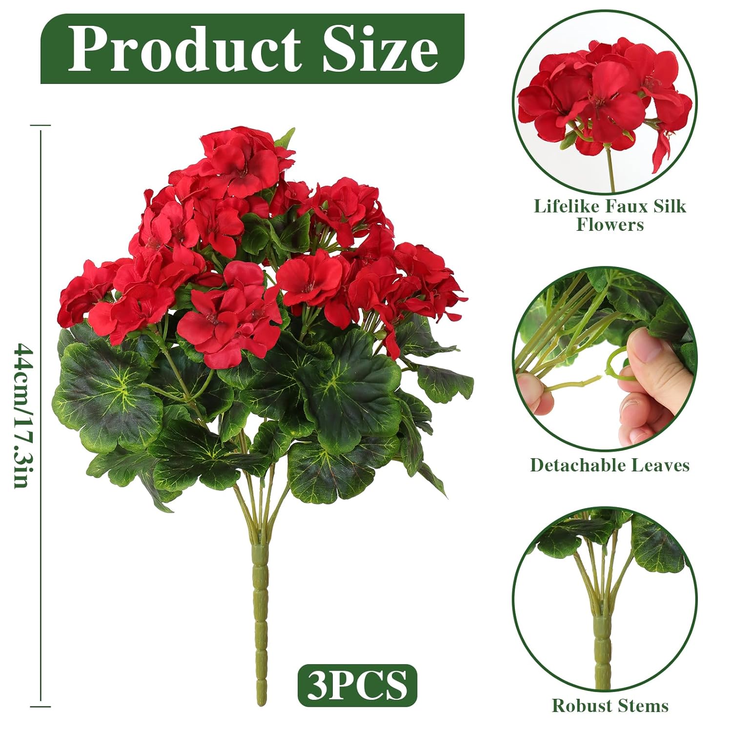 3Pcs Artificial Geranium Flowers For Outdoors 18" Silk Red Flowers Faux Geraniums Spring Decor Uv Resistant Fake Flowers Garden Plants For Home Garden Porch Planter Wedding Table Decor