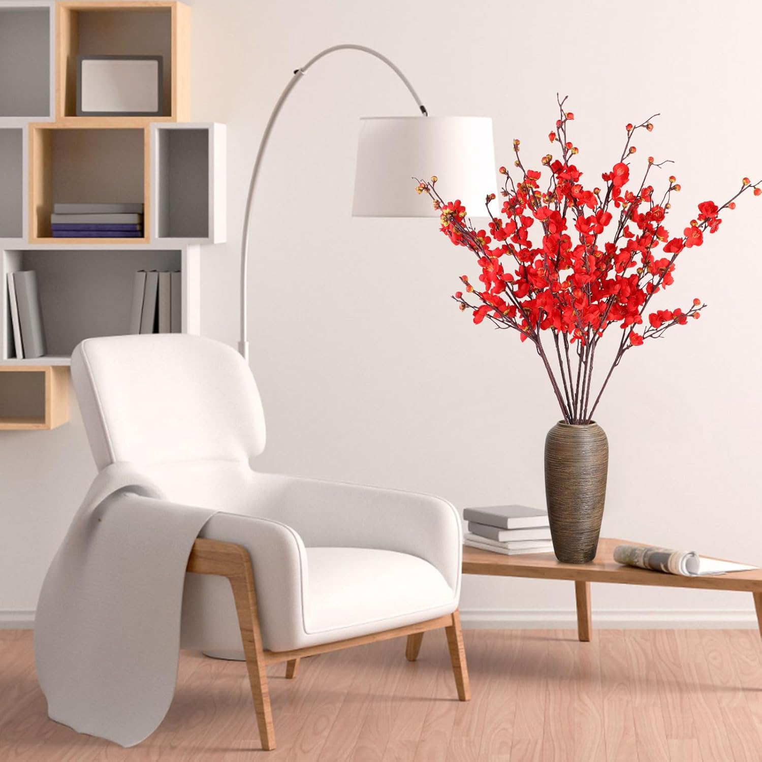 8Pcs Red Cherry Blossom Branches Artificial Flowers For Autumn Winte Indoor Decoration, 36" Plum Fake Peach Plants For Wedding Home Office Bedroom Party Decor (Red, 36In)