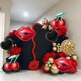 8Pcs Black And Red Balloons - Red Lip Balloons Cherry Balloons Cheetah Print Pattern Balloon And Black Heart Balloon For Women Birthday Party - Kiss The Miss Goodbye - Valentines Day Decorations