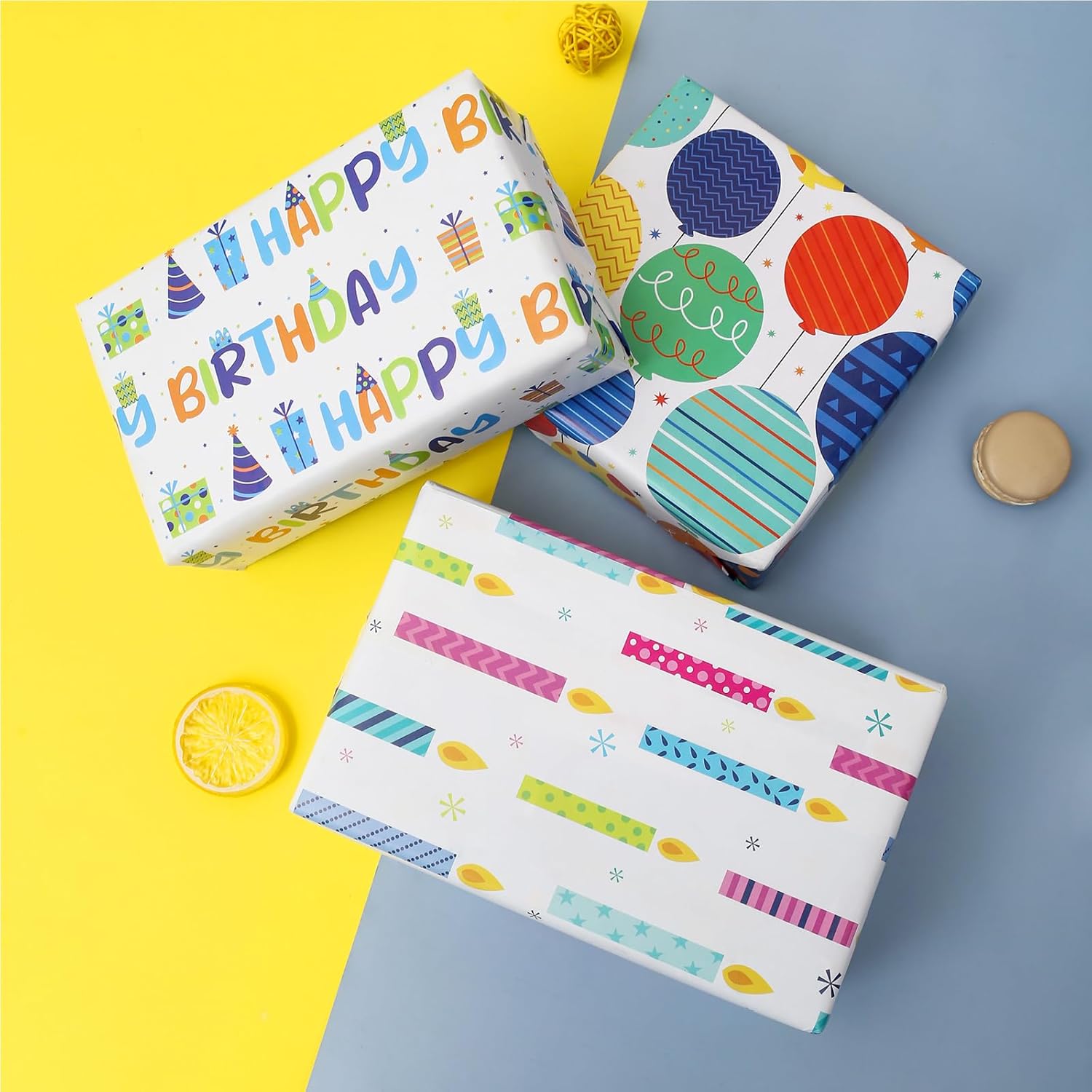 Birthday Wrapping Paper For Boys Girls Kids Men Women Holiday Party - 3 Large Sheets Colorful Balloon 'Happy Birthday' Candles Gift Wrap - 27 Inch X 39.4 Inch Per Sheet