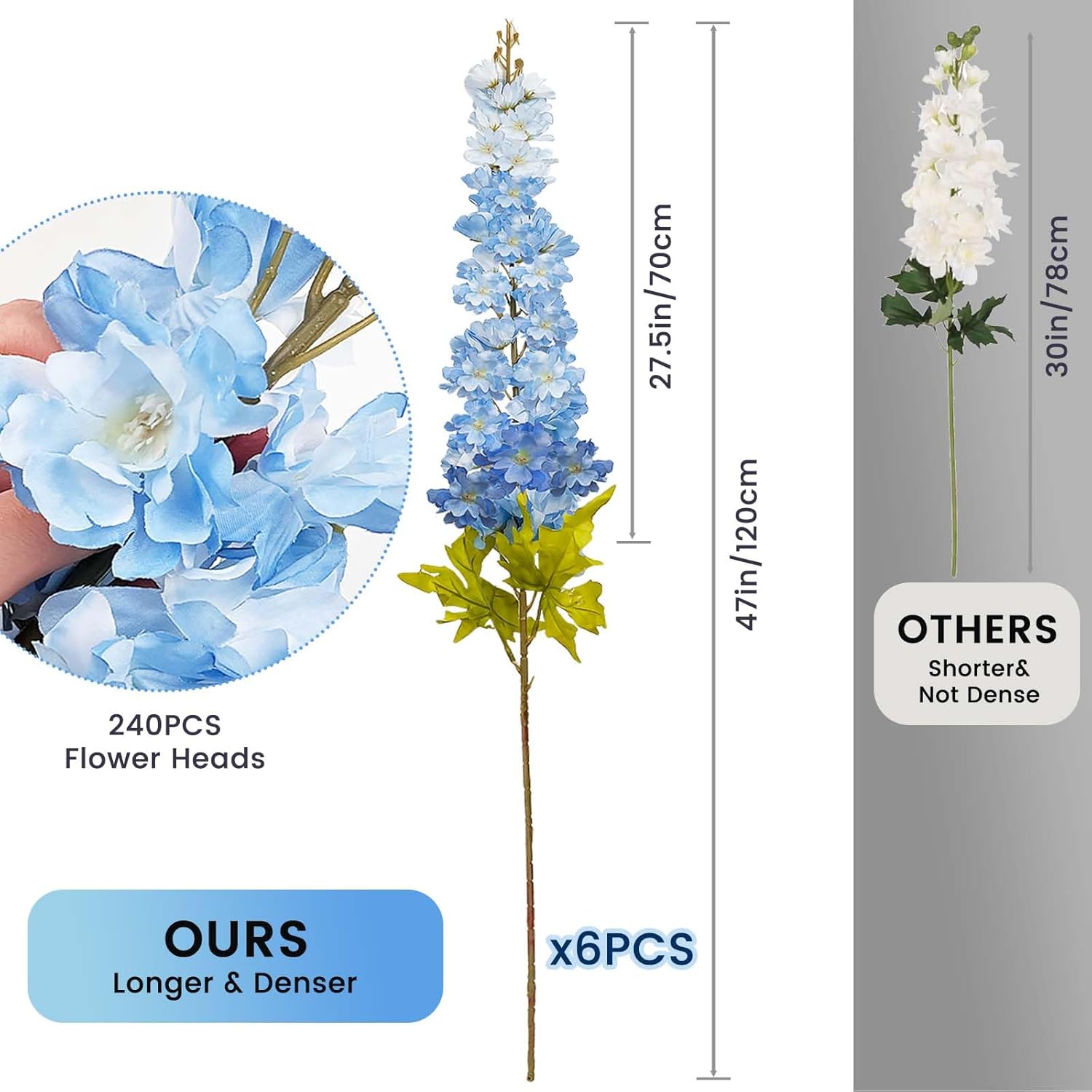 6Pcs 240 Heads Blue Delphinium Artificial Flowers, 47"/120Cm Long Stem Larkspur Artificial Flowers, Faux Artificial Snapdragon Flowers For Tall Vase, Home Office Garden Wedding Decor