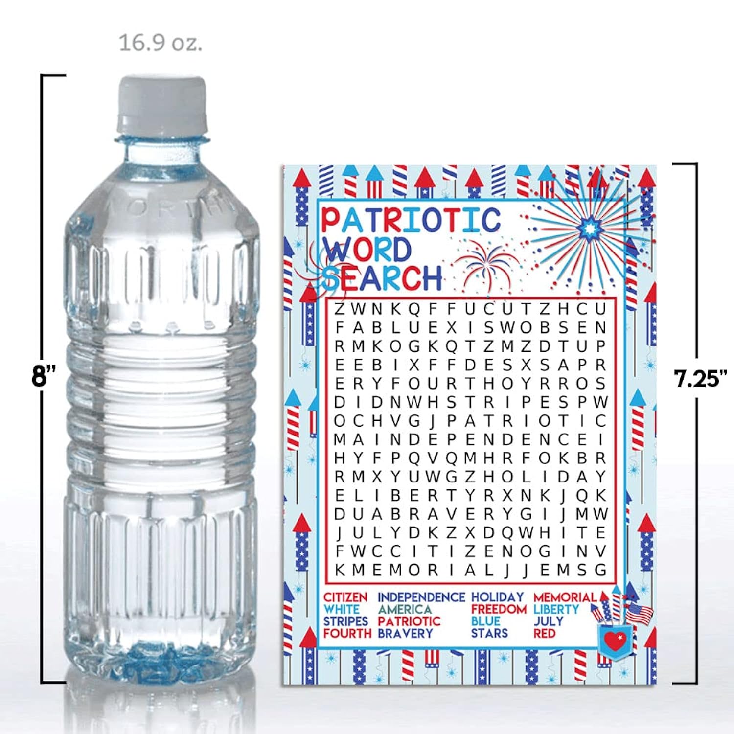 Food, Friends & Fireworks Word Search And Scavenger Hunt Patriotic Game Cards, Ten 5" X 7" Fill-In Game Cards