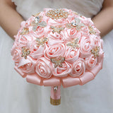 Handmade Rhinestone Brooch Satin Bridal Bouquet,7.5Inches Crystal Wedding Round Tossing Bouquet, Artificial Flower Bunch With Diamond Pearl Ribbon (07#Pink)