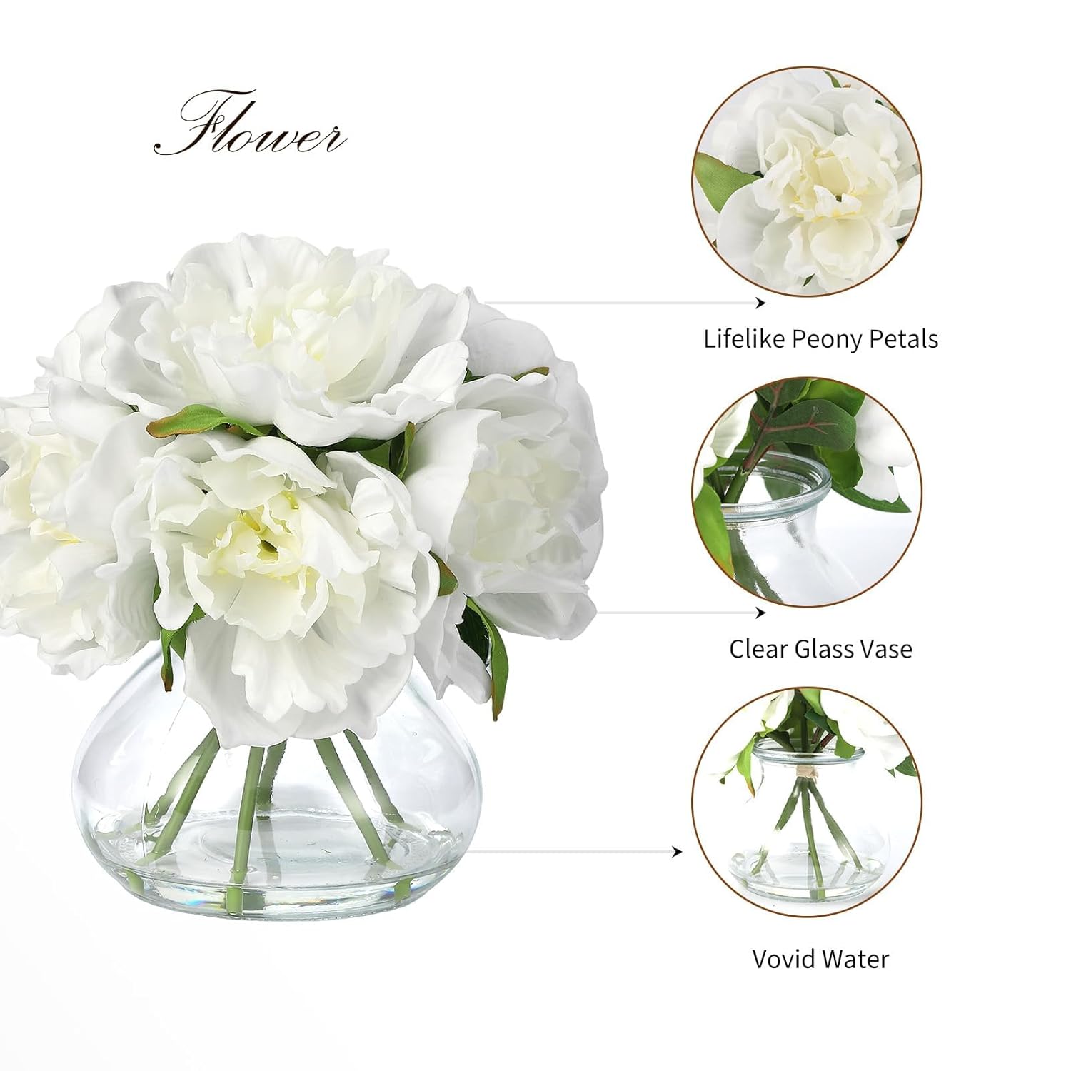 White Peonies Artificial Flowers With Glass Vase, Silk Faux Peony Flower Arrangement With Faux Water, Fake Flowers In Vase For Table Centerpieces, Shelf Bathroom Decor, Home & Wedding Decoration
