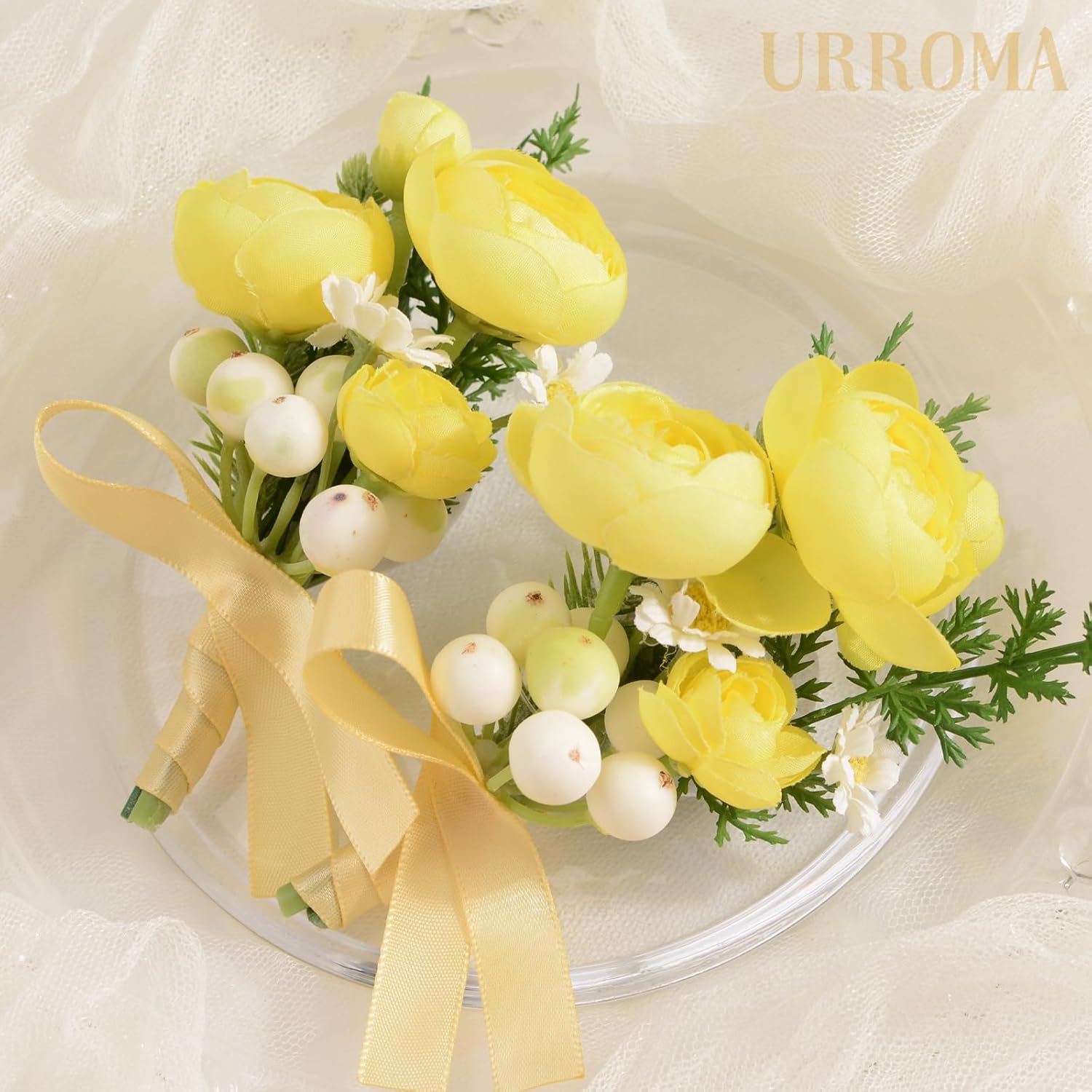 4 Pcs Wedding Corsage And Boutonniere, Artificial Light Yellow Flower Rose Hand Flower Set For Graduation Prom Wedding Party