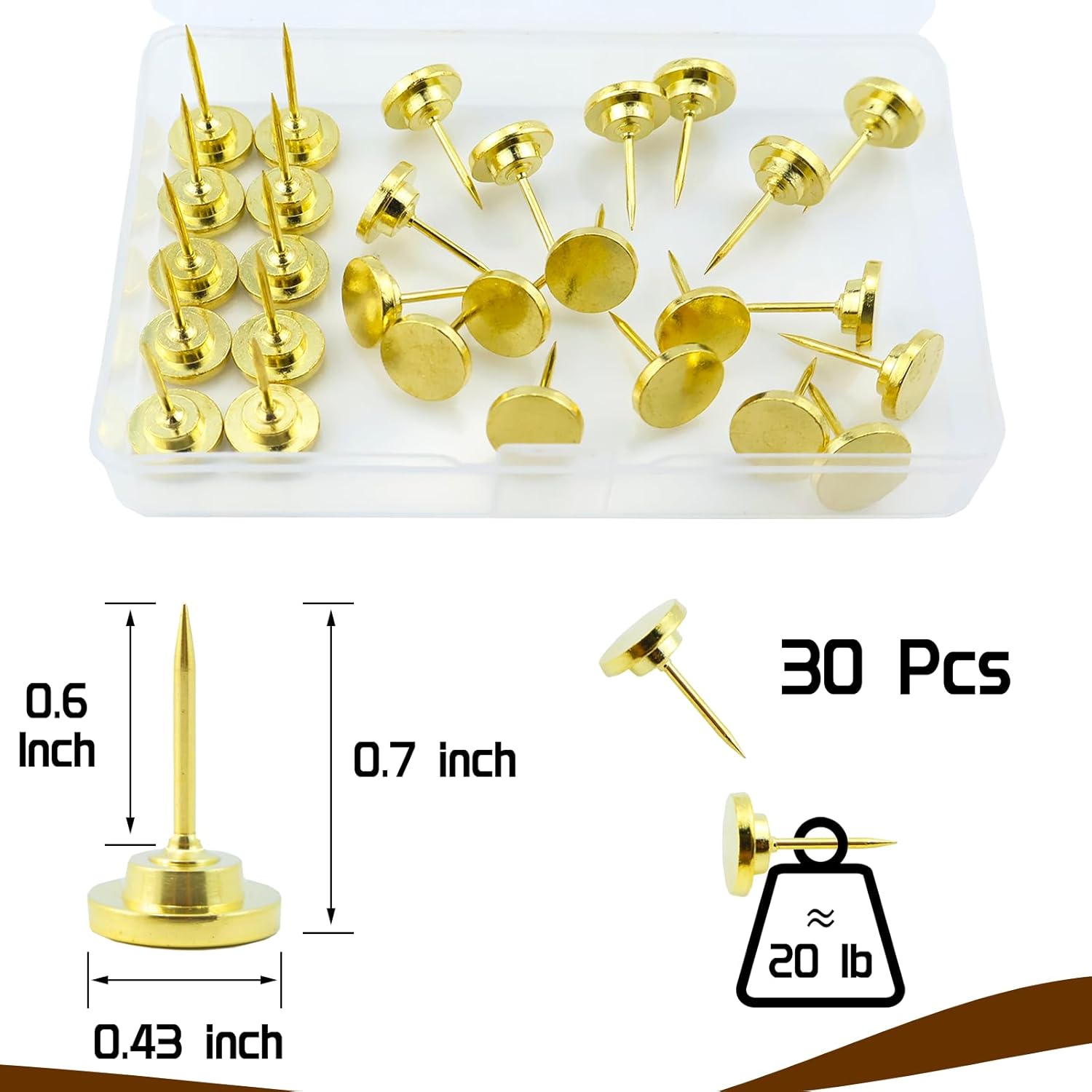 30 Pcs Metal Push Pins Gold Thumb Tacks Or For Cork Board Bulletin Board, Photos Wall Maps,Picture Hanging And Other Offices Schools Supplies Christmas Decoration