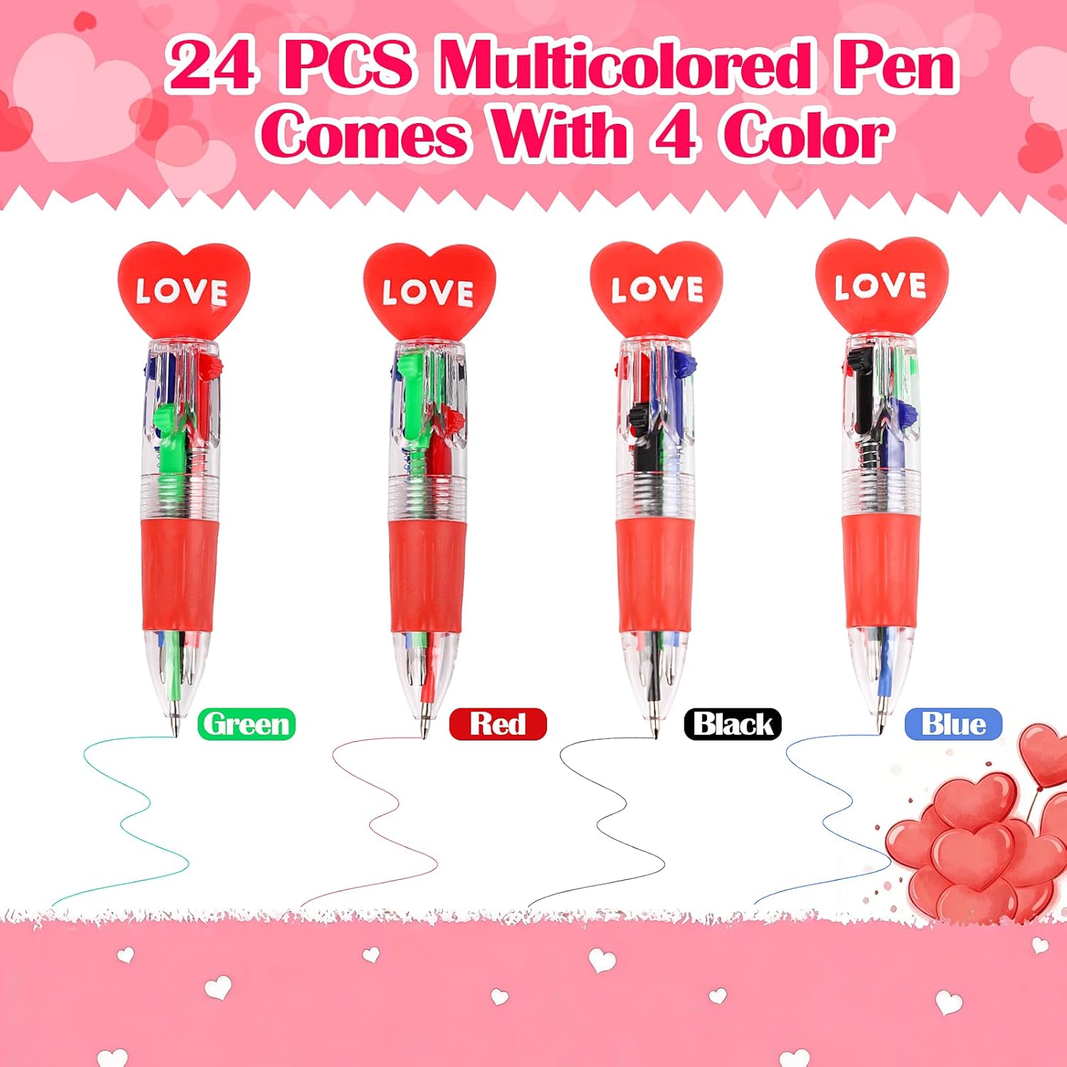 24 Set Mini Multicolor Pens In One Valentine 4-In-1 Ballpoint Pen Pens With Valentine'S Day Cards For Valentine'S Day Party School Students Office Exchange Gift