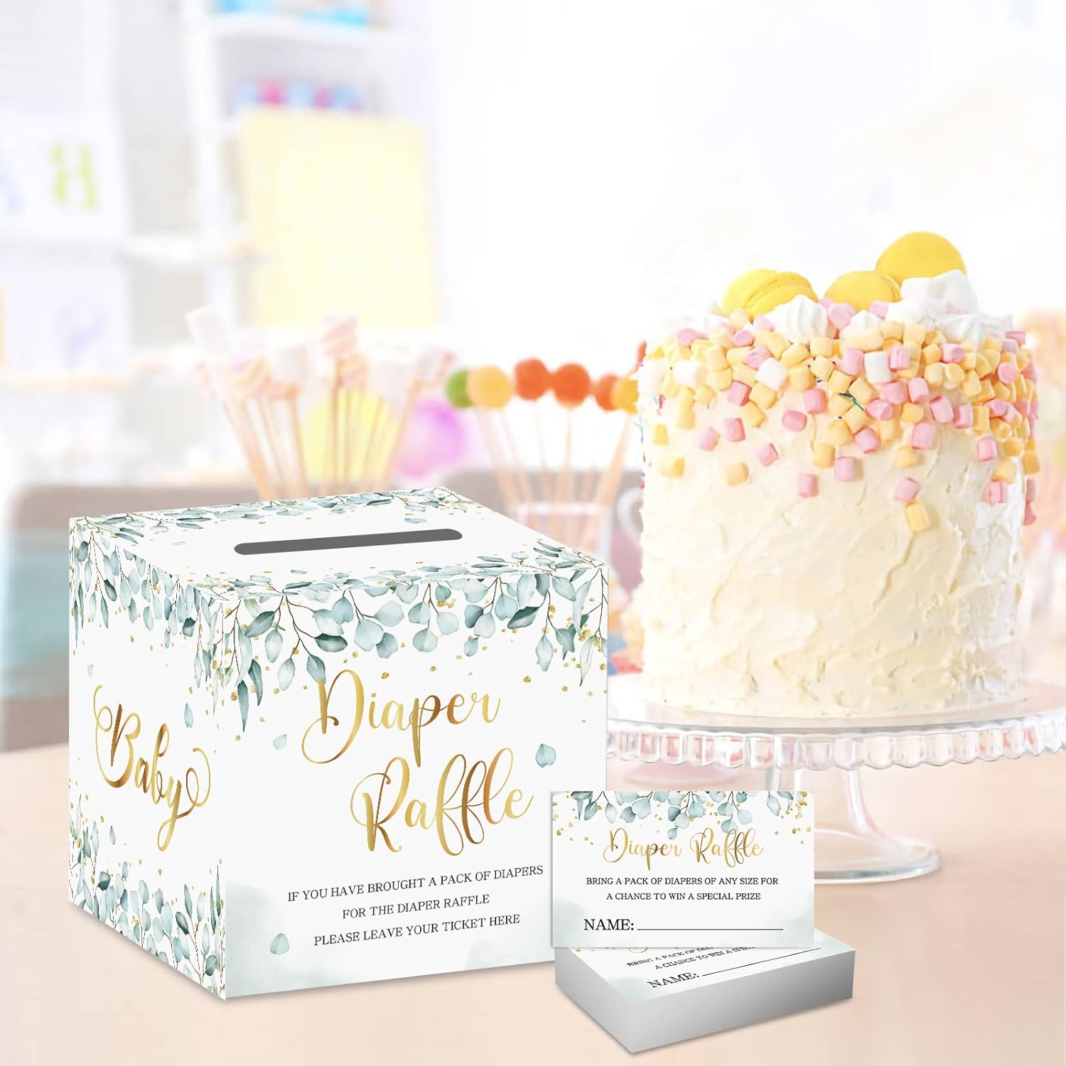 51Pcs Diaper Raffle Sign, Baby Shower Game Diaper Raffle Card Box Party Decorations Game Kit (1 Raffle Box + 50 Cards) Neutral Greenery Wi01