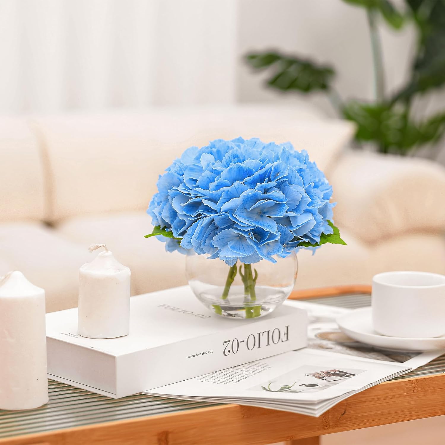 Artificial Hydrangea With Fake Water In Vase, Real Touch Faux Flowers, Silk Fake Hydrangea Flower Arrangement With Faux Water For Home Office Bathroom Wedding Table Centerpiece Decor(Blue)