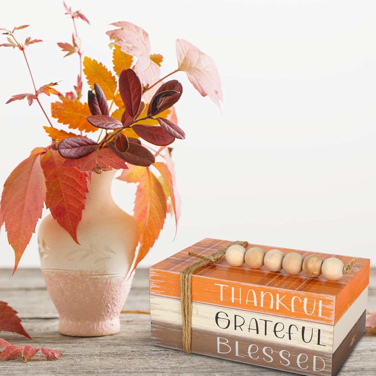 Thanksgiving Wooden Tiered Tray Decor Plaid Faux Decorative Stacked Books Bundle Thankful Grateful Blessed Wooden Block Sign With Beads For Fall Farmhouse Rustic Kitchen Home Table Decoration