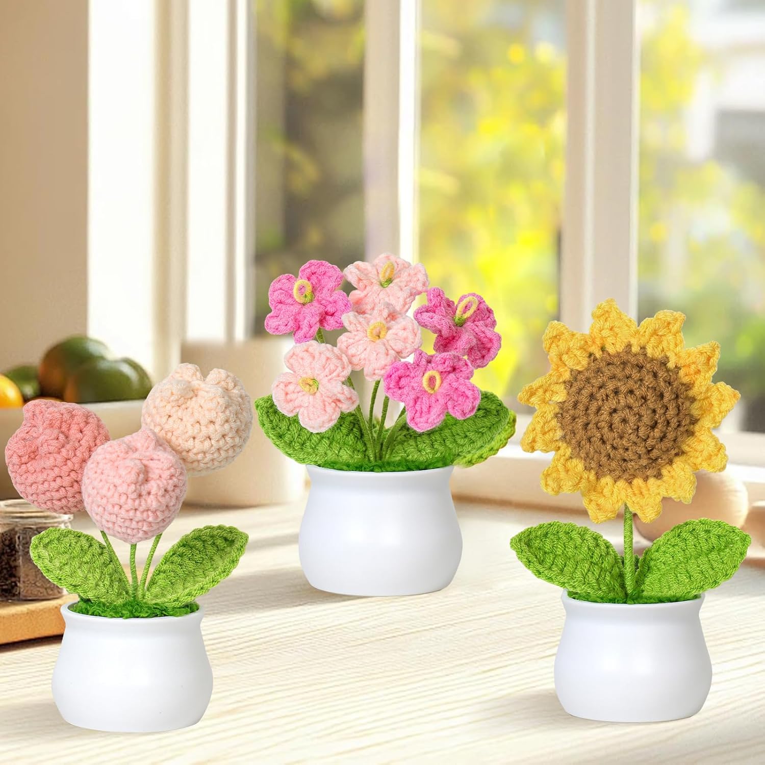Crochet Flower Cute Potted Plants Fake Knitted Sunflower Tulips Mini Flowers Pot For Desk Office Car Dashboard Window Home Decor, Gift For Teachers Mother Day Valentines Anniversary Birthday