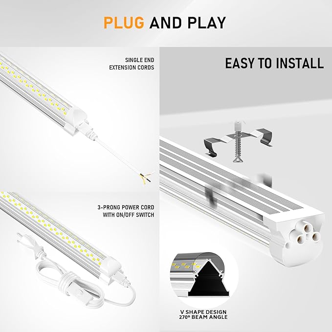12 Pack 8FT LED Shop Lights 100W 15000LM 6000K Linkable Garage Workshop Fixtures
