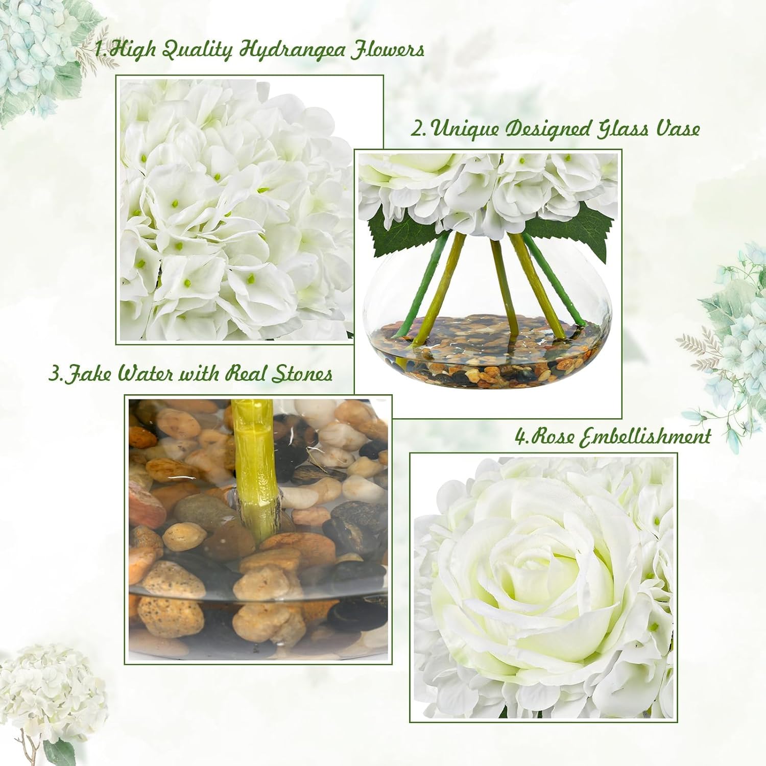 Artificial Hydrangea Flowers With Vase White Fake Flowers With Rose Faux Hydrangea Flowers With Faux Water Real Stone For Home Office Table Room Wedding Centerpiece Decorations