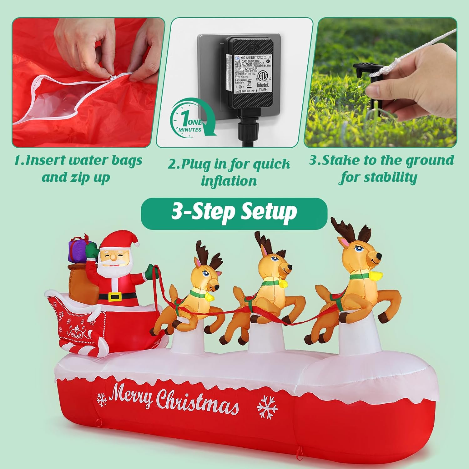 10 Ft Christmas Inflatables Outdoor Decorations Santa Claus On Sleigh, Blow Up Cute Elks Pulling Santa'S Inflatable Yard