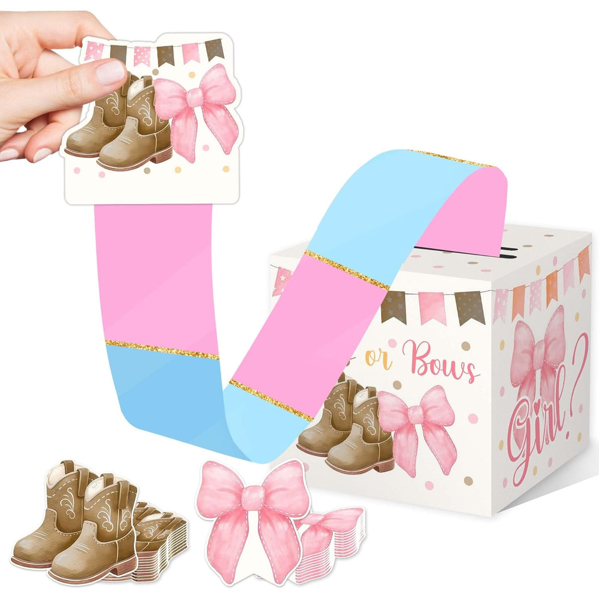 Baby Gender Reveal Pull Out Game, Baby Shower Game For Guests, Gender Reveal Box, Voting Box With 50 Ballot Cards, Boy Or Girl, Boots And Bows