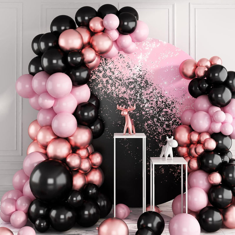 Balloons Garland Kit Black Pink, 96Pcs Metallic Chrome Rose Gold Black