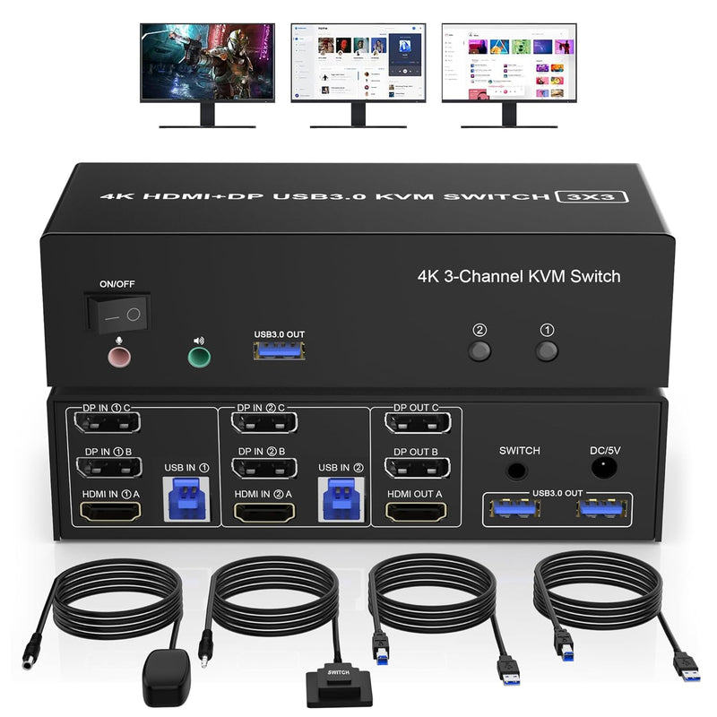 Hdmi + 2 Displayport 3 Monitor Kvm Switch Usb 3.0 For 2 Computers, 4K@60Hz Tri