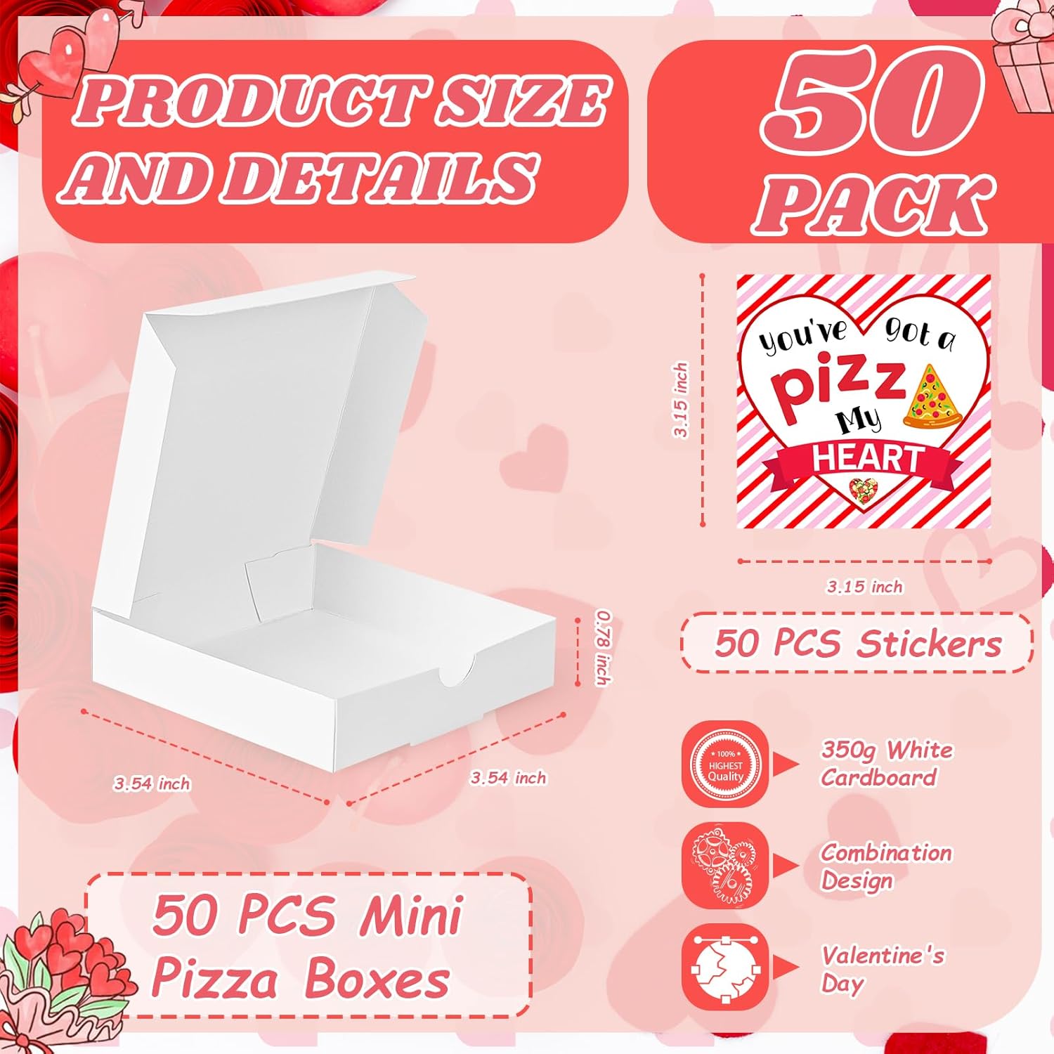50 Pcs Valentines Day Mini Pizza Boxes Bulk 3.5 * 3.5 * 0.8 Inch White Pizza Boxes With Stickers For Christmas Party Favors Diy