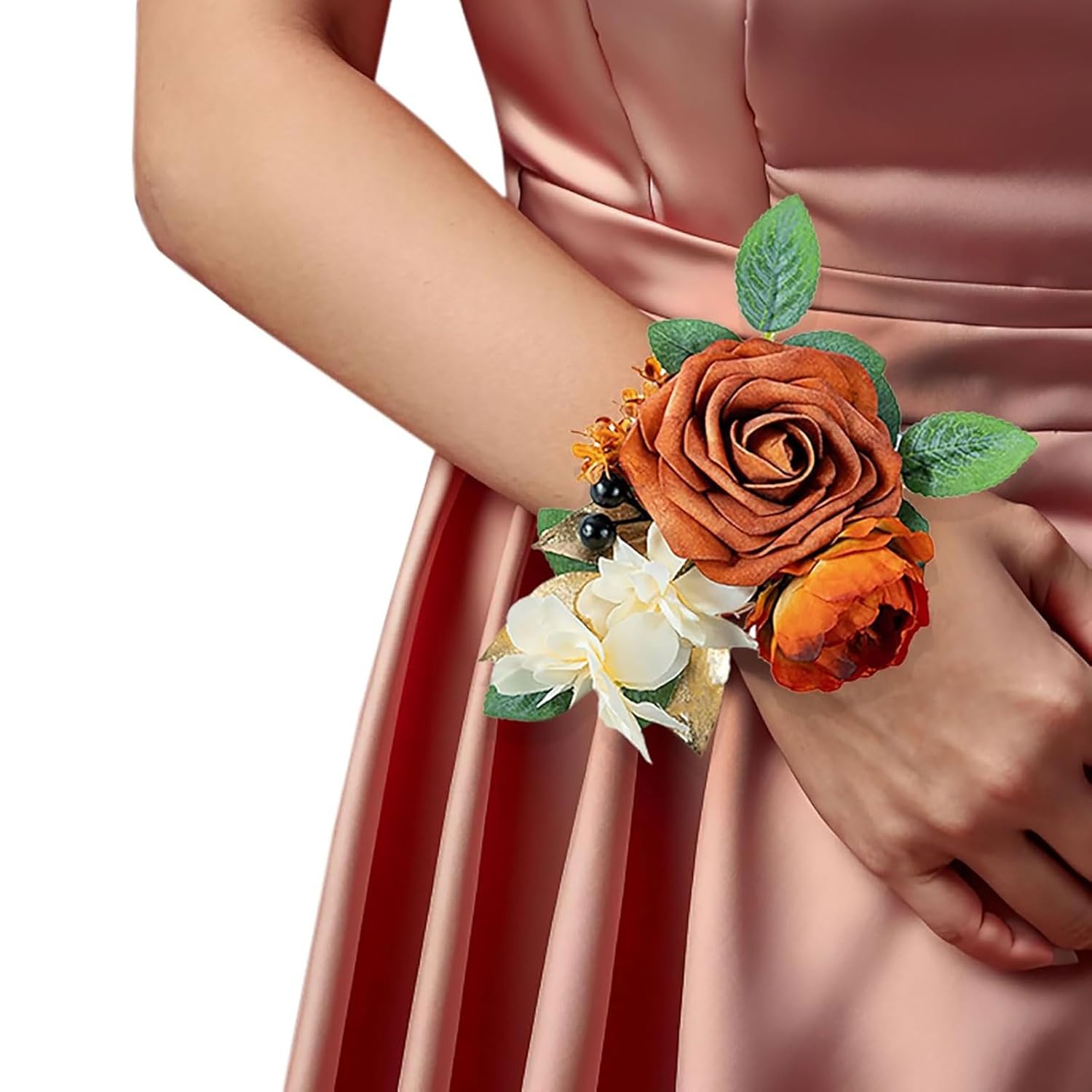 Wedding Wrist Corsage And Boutonniere Set For Bride Bridesmaids Mother Groom Groomsmen Parents Floral Suit Buttonhole Pocket Flower Decor For Prom Homecoming Tea Party Formal Dinner (Terracotta)