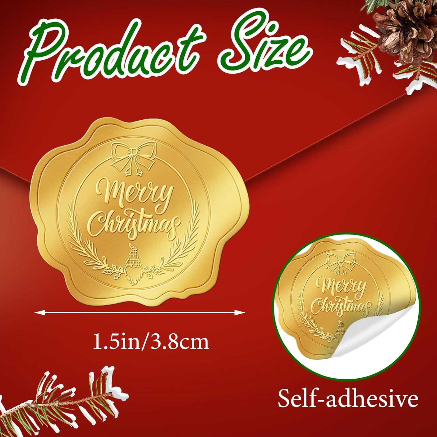 300 Pcs Gold Christmas Envelope Seal Stickers Embossed Foil, Merry Christmas Stickers For Envelope Sealing, Christmas Stickers For Cards Making Invitation Gift Packaging Crafts Xmas Party Favor Decor