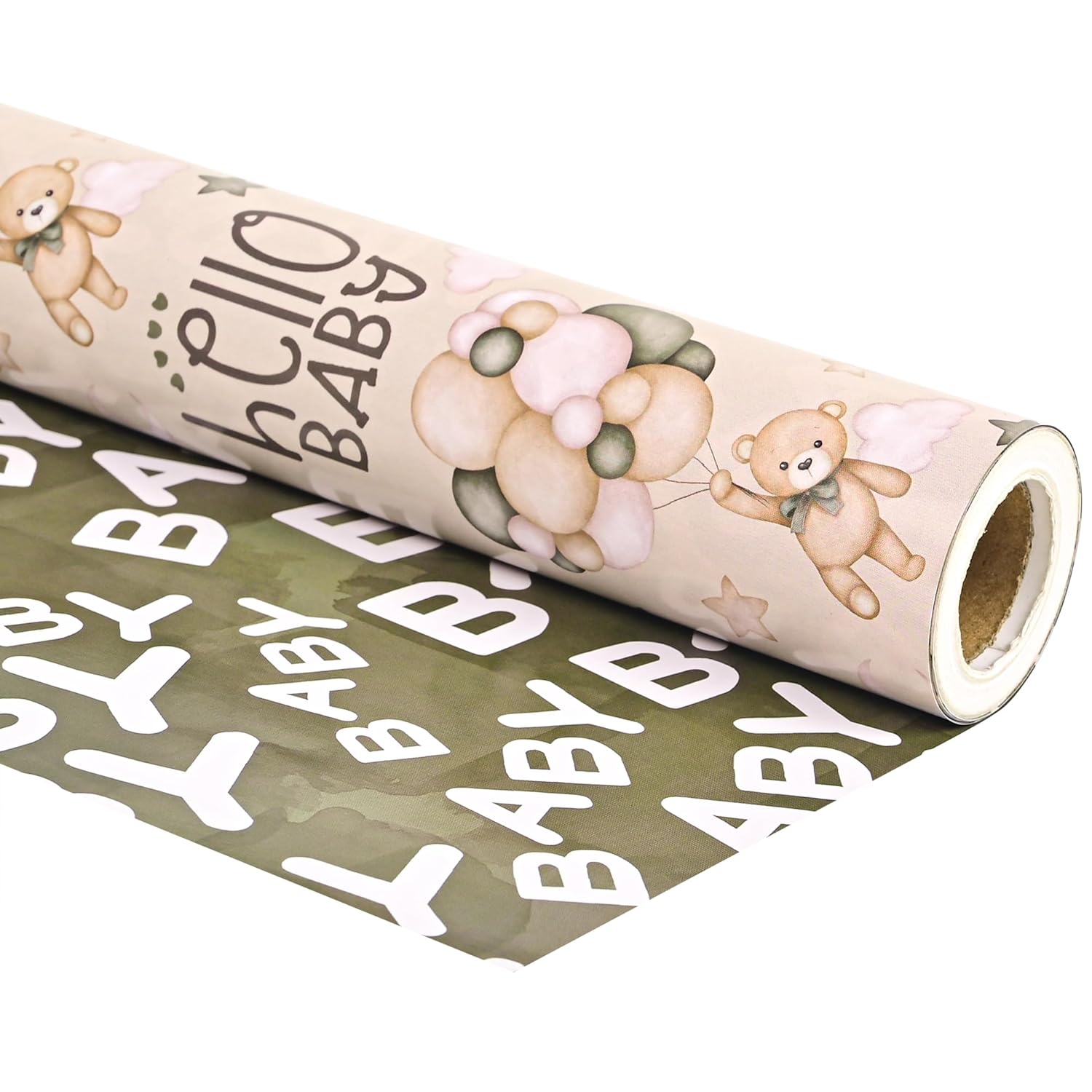 Reversible Baby Shower Wrapping Paper Roll Baby Gift Wrap With Green Brown Bear Balloons And Baby Words Pattern For Girls Boys Wedding Neutral Baby Shower Birthday Party - Total 28.5Sq.Ft