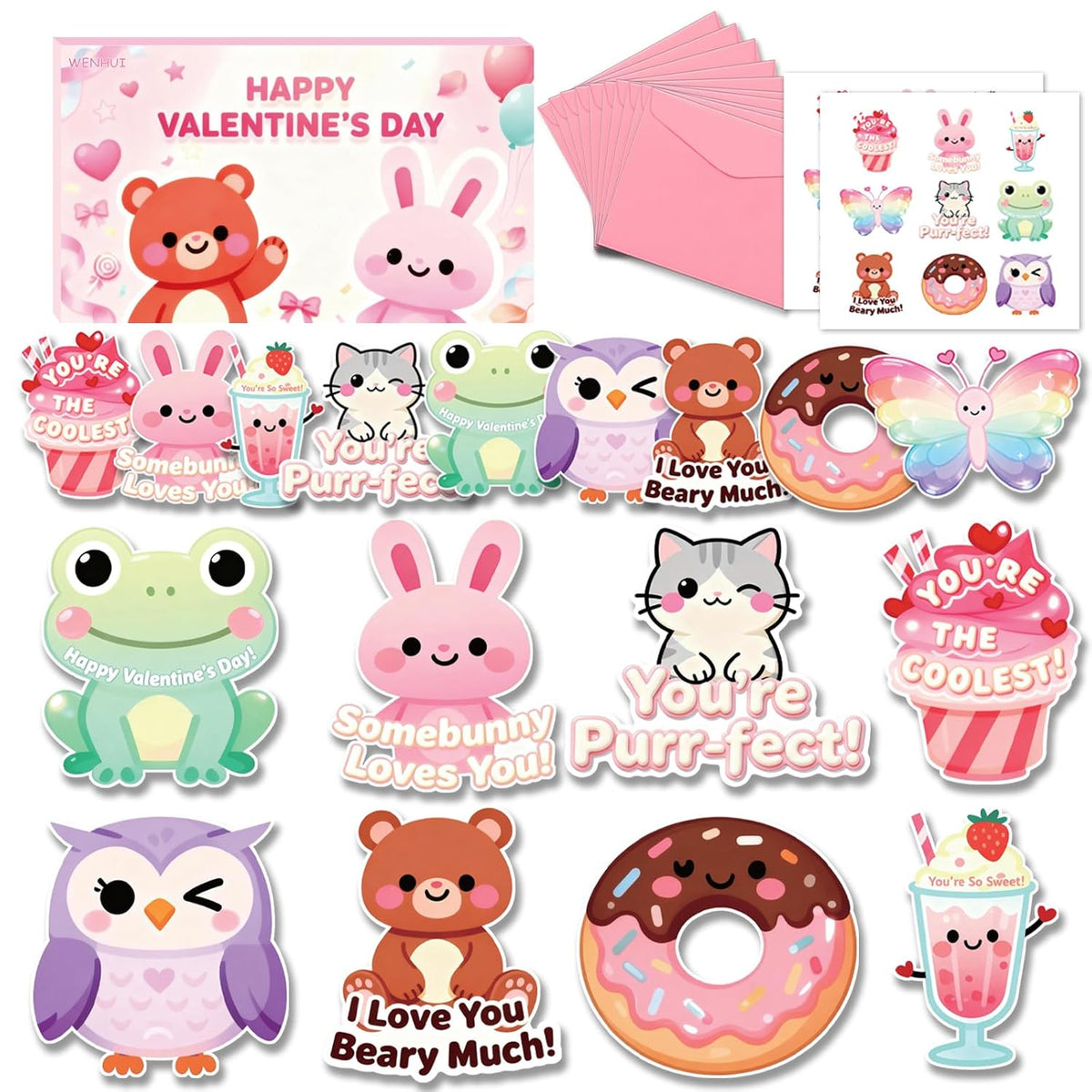 36 Pack Valentines Day Cards For Kids School – Adorable Die-Cut Animal & Food Classroom Valentines With Pink Envelopes & Stickers, 9 Cute Designs For Boys, Girls & Teachers