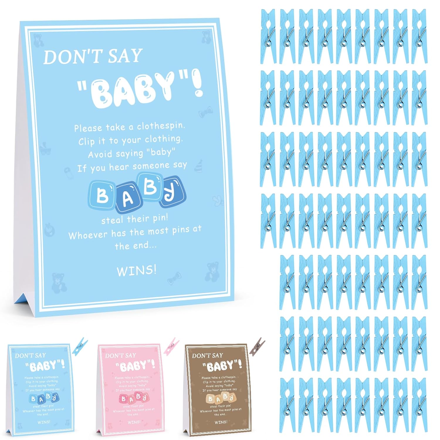 Don'T Say Baby Game, Baby Shower Games Boy, 1 Sign And 60 Blue Mini Clothespins, Shower Game Decorations Ideas, Gender Reveal Party Favors
