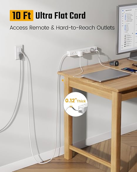 10FT Surge Protector Power Strip with 6 Outlets 3 USB Ports Flat Plug Extension Cord