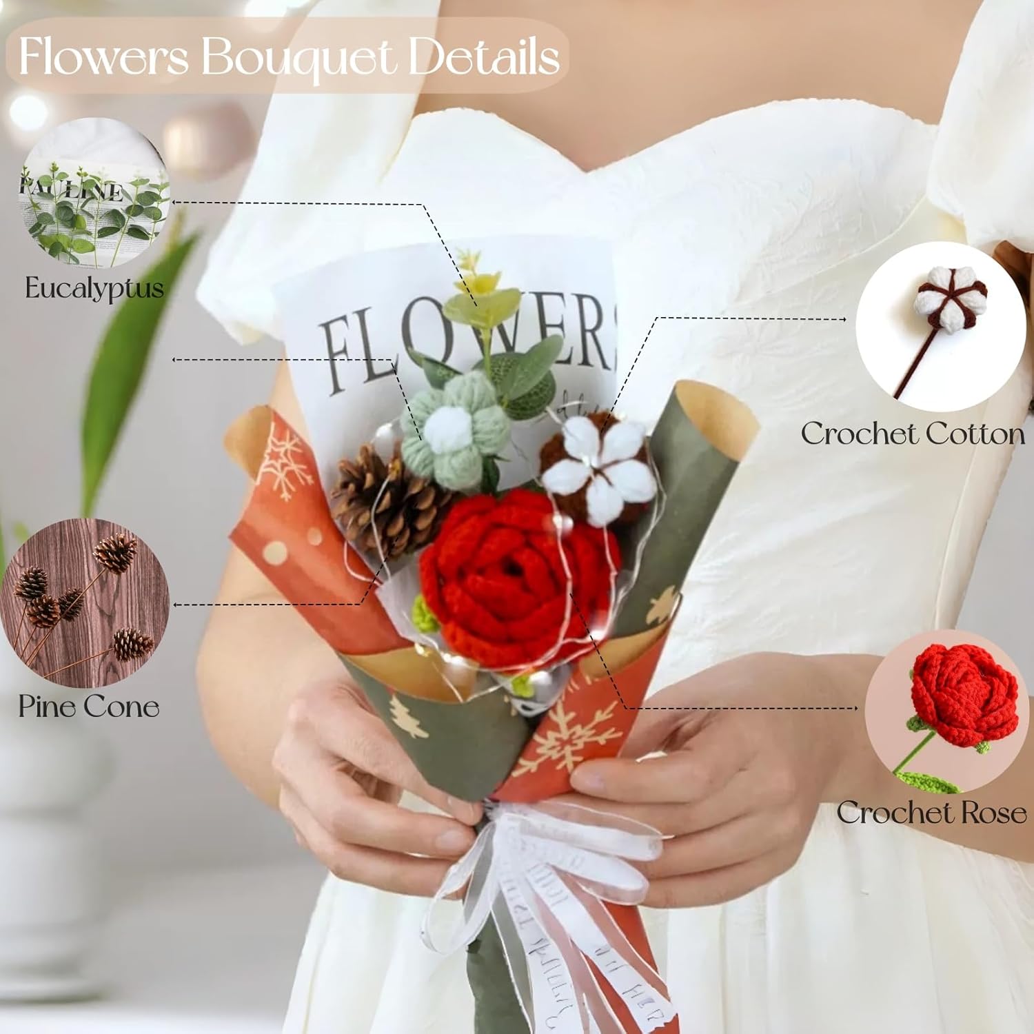 Flowers Bouquet,Red Rose Christmas Flowers Gift,Exquisite Wrap Handmade Cotton Pinecone Flowers,Forever Knitted Artificial Flower Bouquet Gifts For Women Mom Wife Graduation New Year (Mid)